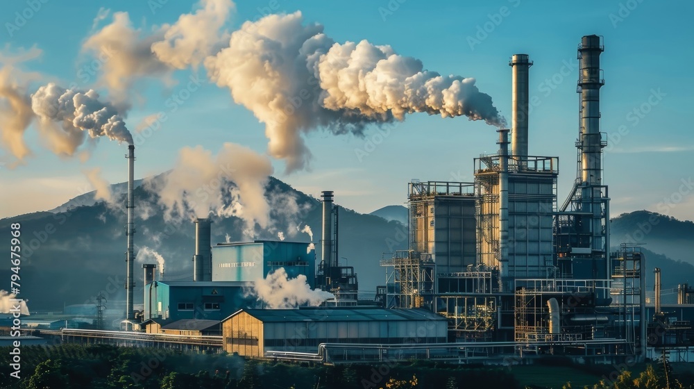 An industrial plant using advanced technology to convert waste products into biofuels illustrating the potential for bioenergy to reduce waste and mitigate environmental pollution. .