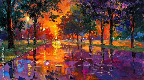 Palette knife impressionism in a city park with orange and purple on wet asphalt.