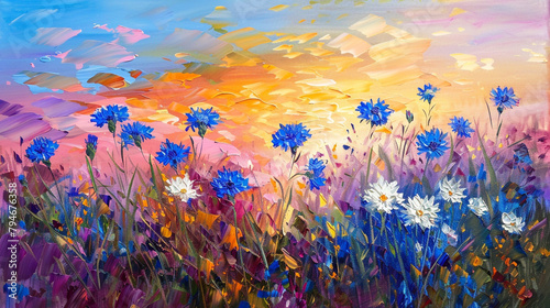Handcrafted oil scene with cornflowers and daisies set against vivid sunset hues. photo