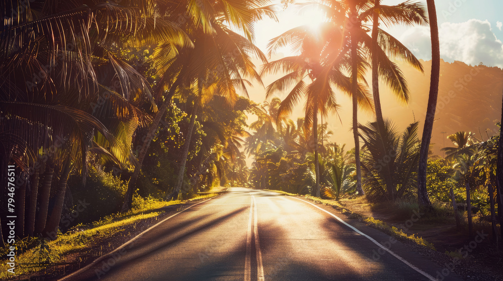 Asphalt road with palm trees on sunset