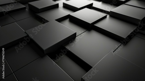 black abstract  wallpaper  monochrome design  neat symmetrical pattern  parallelogram tiles  right lower third lighting 