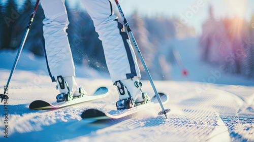 mountain skiing downhill, close up of skier on skis, concept of winter outdoor sport activities Olympic sports, active holiday vacations photo