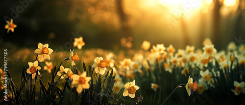 daffodils field sunrise in background