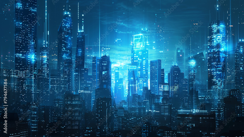 A futuristic cityscape with cyber protection signals signifying advanced security measures,