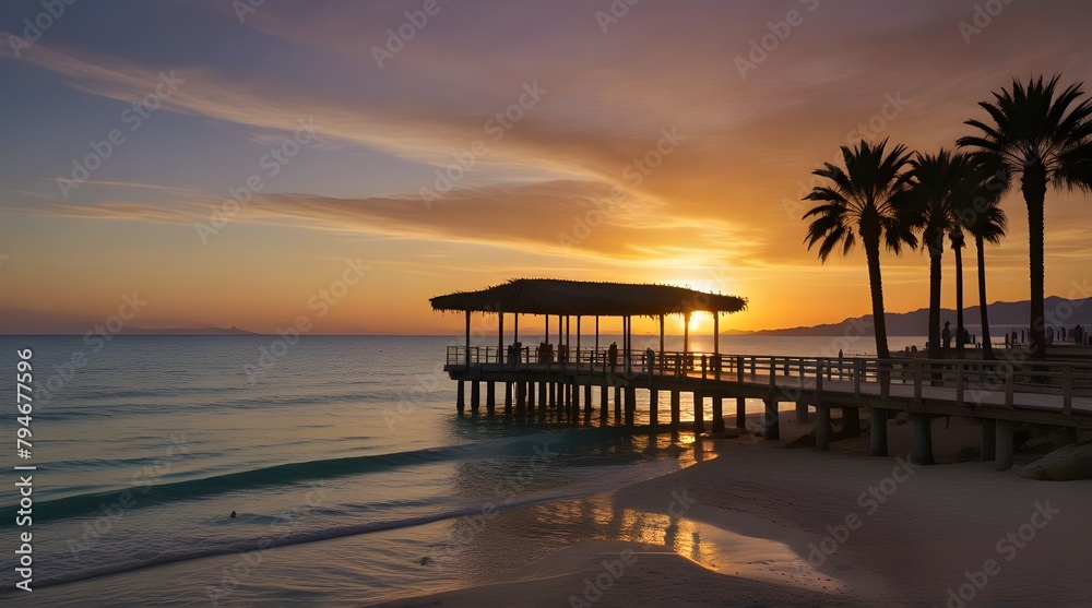 Majorca Puerto de Alcudia beach pier at sunrise in Alcudia bay in Mallorca Balearic islands of Spain.generative.ai 