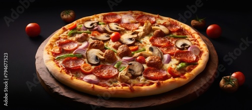 delicious spicy pizza black background