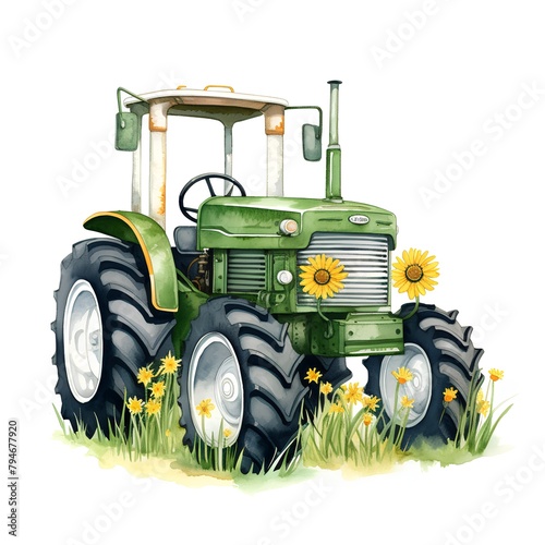 Tractor with flowers. Watercolor hand drawn illustration isolated on white background photo