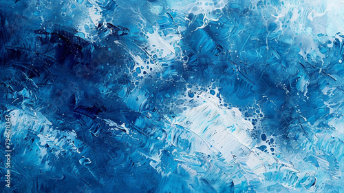 Oil painting in grunge style depicts the chaotic beauty of ocean waves using deep sea blue and foamy white.