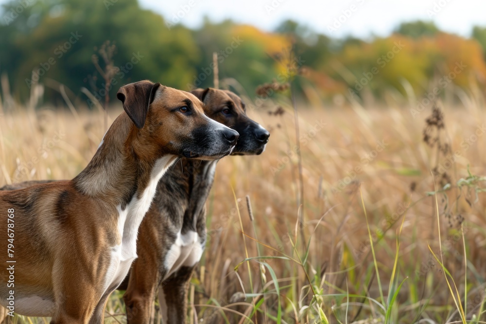 Two dogs standing in a field of tall grass