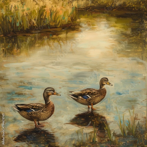 Two ducks are standing in a pond