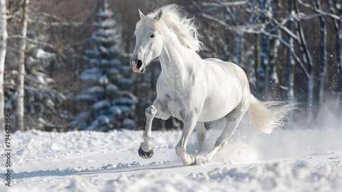 A white horse is running through a snowy forest. The horse is galloping with its mane and tail flowing in the wind. The trees in the forest are bare  and the snow is thick on the ground. The horse is 