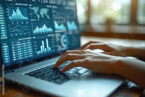 Close-up of a marketers hands typing on a laptop, crafting a compelling content strategy, with pop-up windows of analytics and keywords
