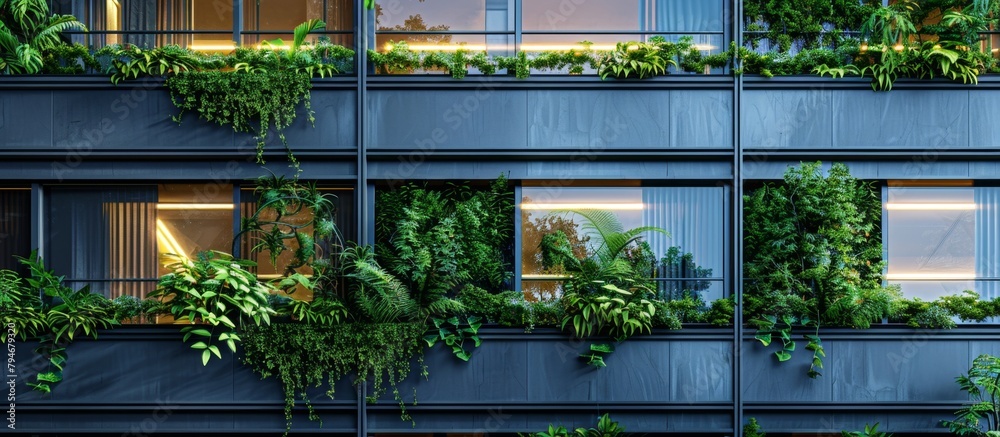 A close up of a building with lush green plants growing on its exterior wall, adding a touch of nature to the urban environment