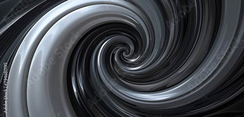 Elegant swirl pattern in monochrome grey tones on a glossy black canvas.