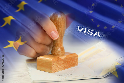 Multiple exposure of woman stamping visa page in passport and flag of European Union, closeup photo