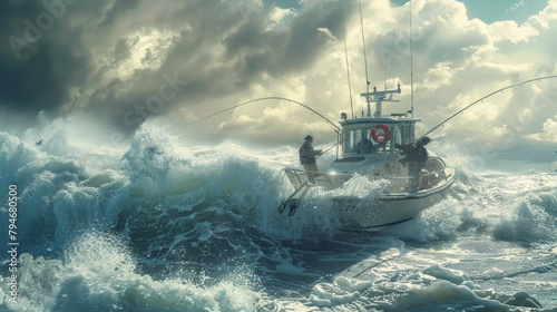A boat is in the middle of a rough sea with two men on it