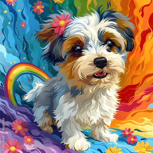 Enchanting Flower Dog Frolicking Amidst a Vibrant Rainbow Hued Backdrop in a Creative Haven Style
