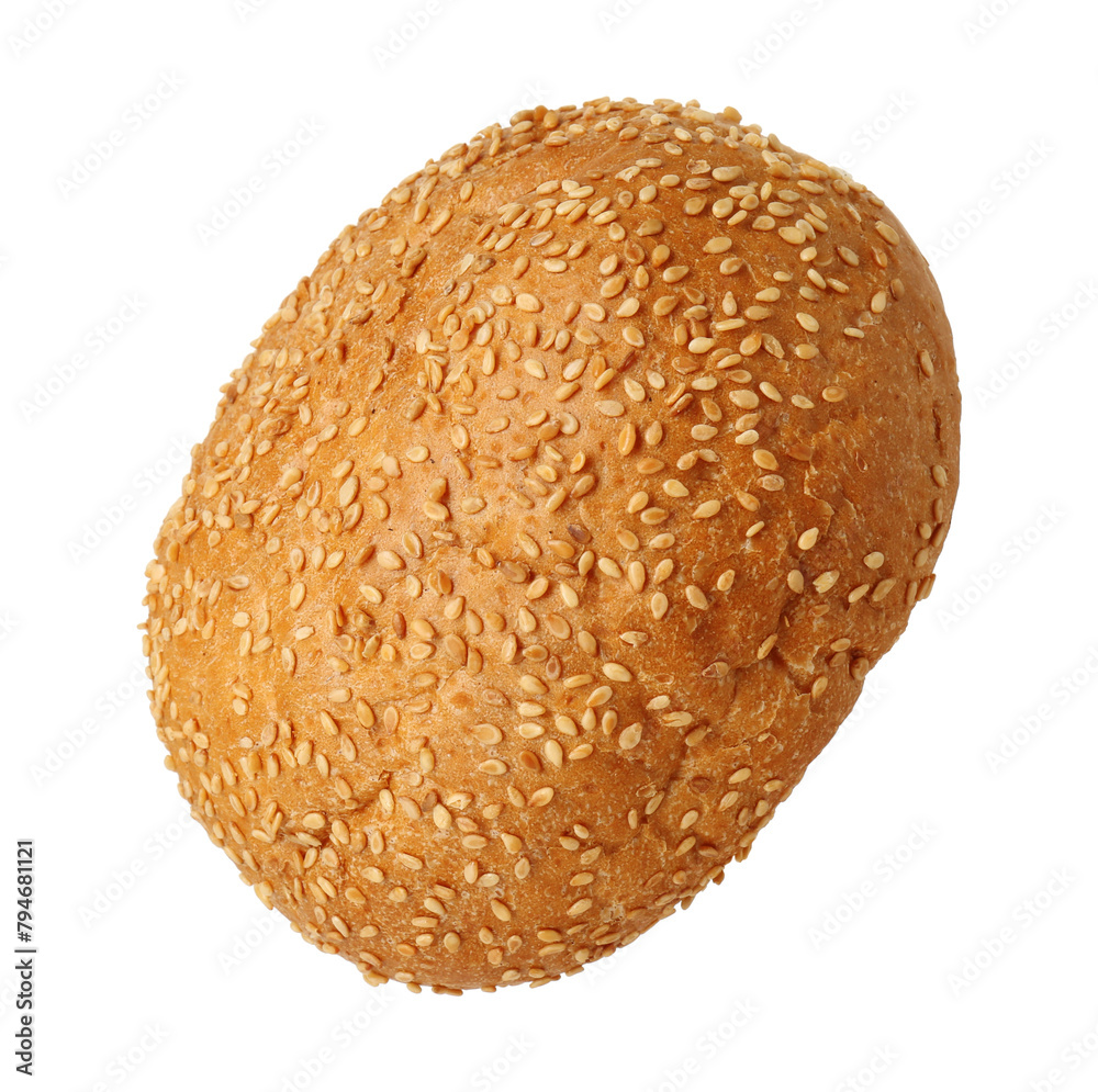 One fresh burger bun with sesame seeds isolated on white One fresh burger bun with sesame seeds isolated on white