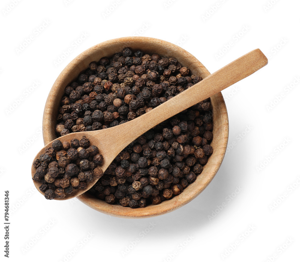 Aromatic spice. Many black peppercorns in bowl and spoon isolated on white, top view Aromatic spice. Many black peppercorns in bowl and spoon isolated on white, top view