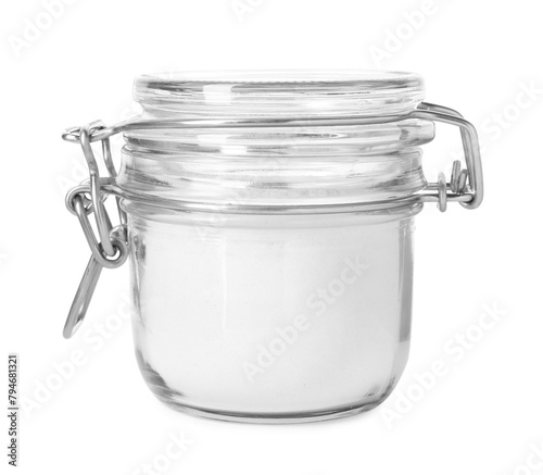 Baking powder in glass jar isolated on white