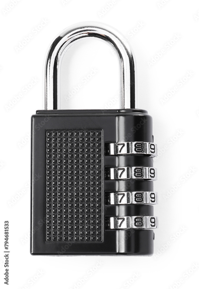 Locked steel combination padlock isolated on white, top view Locked steel combination padlock isolated on white, top view