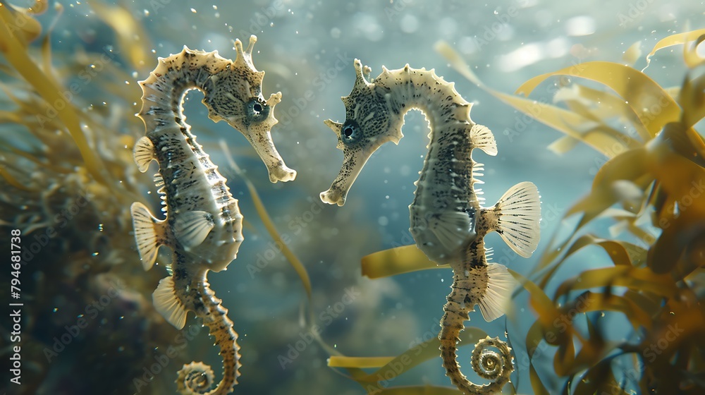 A pair of seahorses floating gracefully among swaying ocean seaweed, their delicate forms mesmerizing