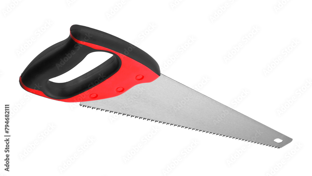 One saw with color hand isolated on white One saw with color hand isolated on white
