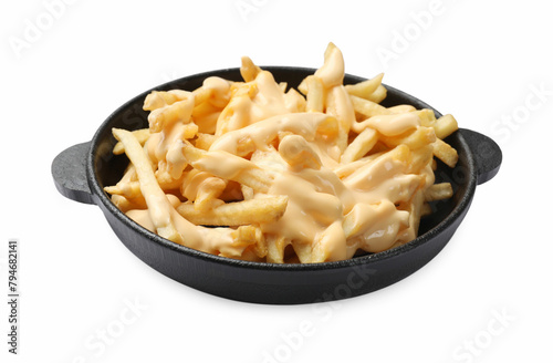 Delicious french fries with cheese sauce in bowl isolated on white
