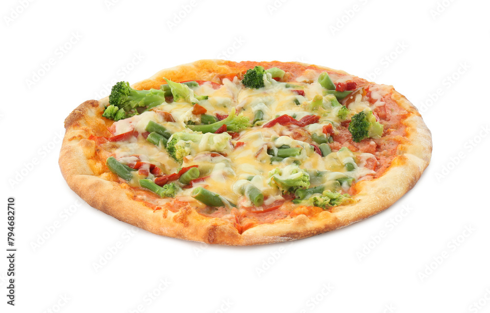 One delicious vegetarian pizza isolated on white