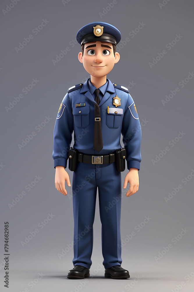 A cartoonish police officer stands in front of a gray background A cartoonish police officer stands in front of a gray background