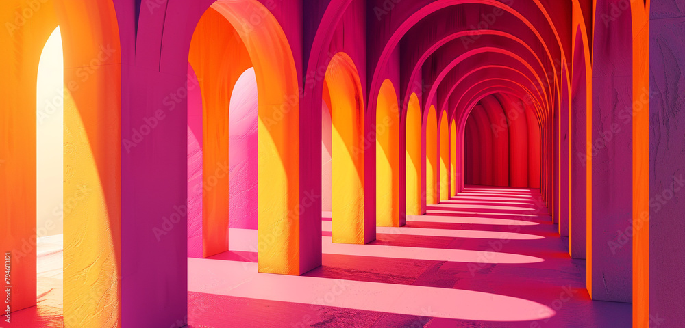 Magenta and orange arches in 3D, a warm play of light in modern design.