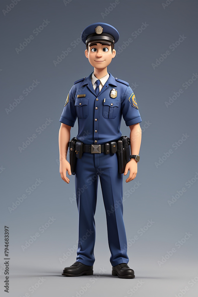 A cartoonish police officer stands in front of a gray background A cartoonish police officer stands in front of a gray background