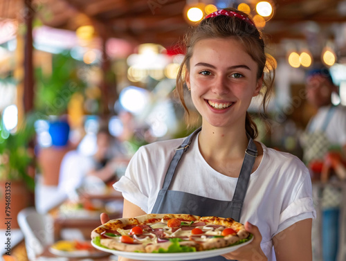 A young waitress standing with a pizza in a restaurant.