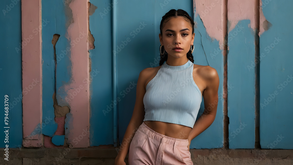 Naklejka premium A young Latina with braids in her hair and a light blue crop top