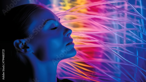 Side portrait of a serene woman with closed eyes surrounded by dynamic, colorful neon light fibers. 
