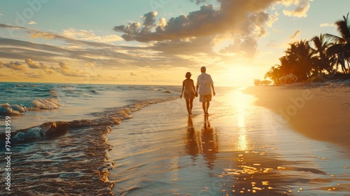 Senior couple walking hand in hand along a tropical beach at sunset