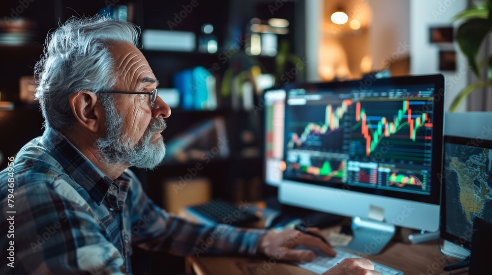 Senior man checking stock market updates on his computer in a home office