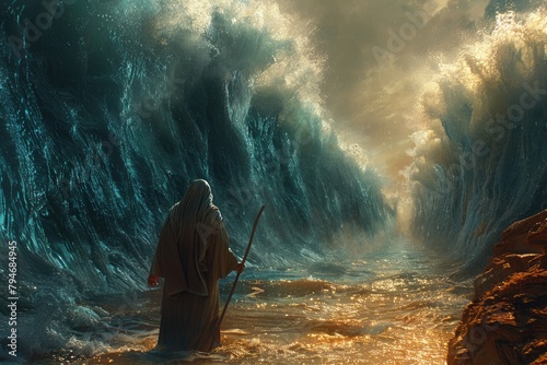 Portrait of the biblical back view of Moses dividing the sea with his stick: a depiction of divine power and liberation, with towering walls of water parting to reveal a path of destiny. photo