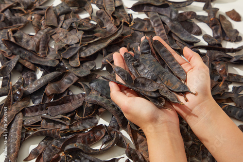 Top view at locust fruit background with some pods held in palm hands. Locust fruit contains flavonoids that have antioxidant effects, help restore and stimulate new hair growth photo