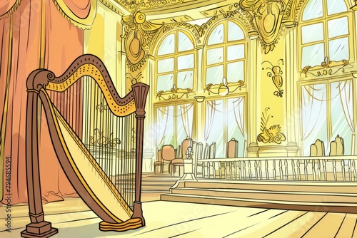 Cartoon cute doodles of a majestic harp plucking angelic melodies in an elegant concert hall, Generative AI photo