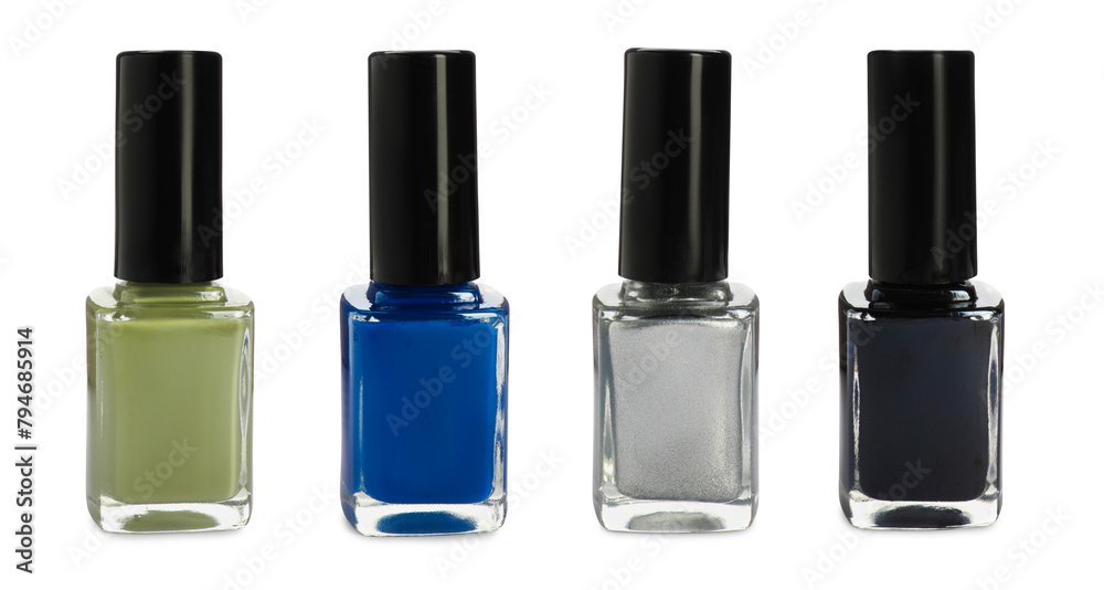 Nail polishes of different colors isolated on white, collection Nail polishes of different colors isolated on white, collection