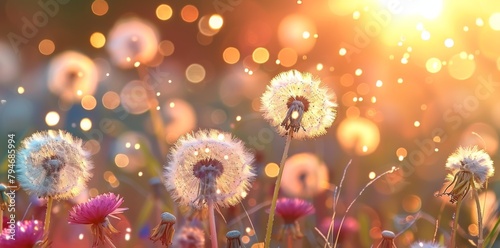 Abstract blurred background with beautiful dandelions and bokeh lights on a sunset sky