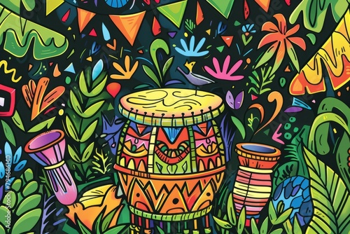 Cartoon cute doodles of a rhythmic bongo drum tapping tribal beats in a lively jungle party, Generative AI