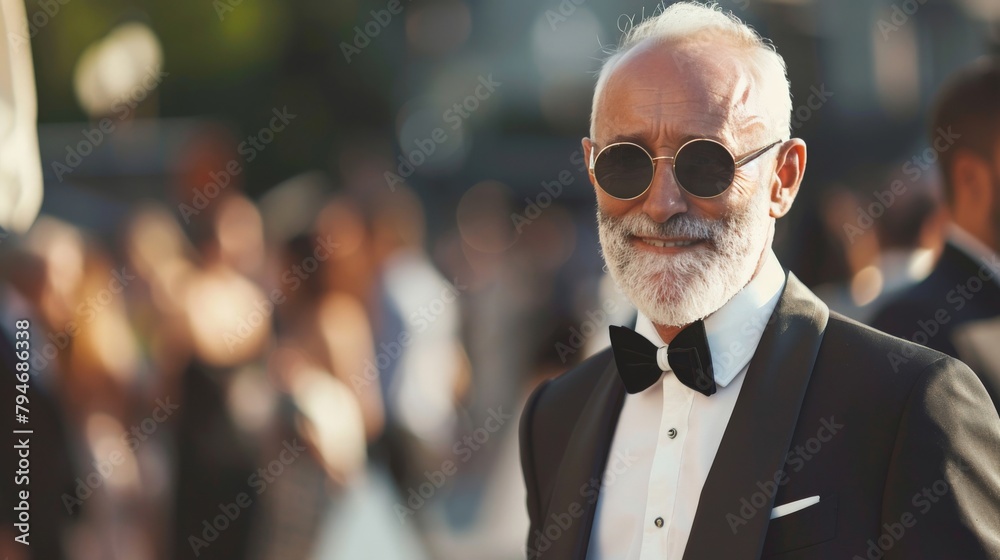 Senior man modeling a classic tuxedo at a luxury fashion event Senior man modeling a classic tuxedo at a luxury fashion event