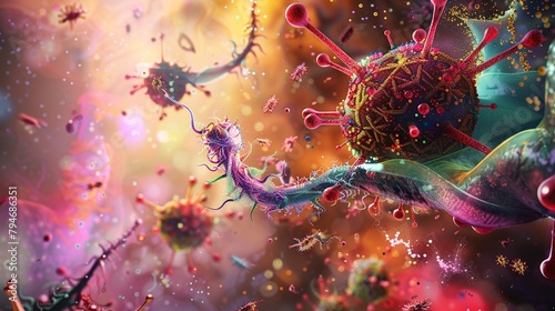  from its entry into a host cell to its replication and spread, using vibrant colors and dynamic compositions to depict the intricate biological processes involved in viral infection and transmission photo