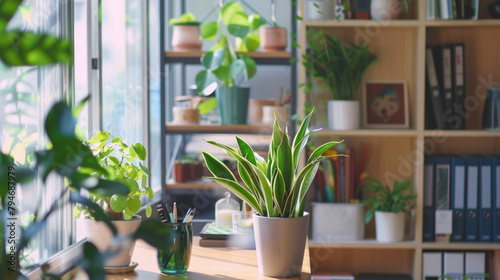 A potted plant sits on a table in a room with a window and a bookshelf