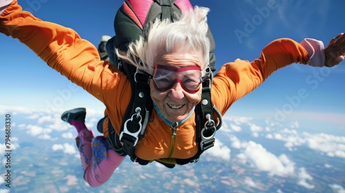 Senior woman skydiving with a joyful expression, surrounded by blue skies