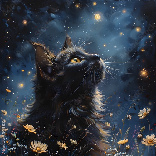 Enchanted Feline Gazing Up at the Wondrous Cosmic Sky with Mesmerized Eyes