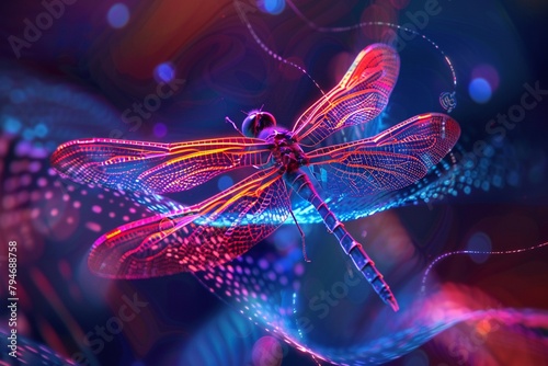 A neonlit futuristic dragonfly poised elegantly, captured on a dynamic wallpaper