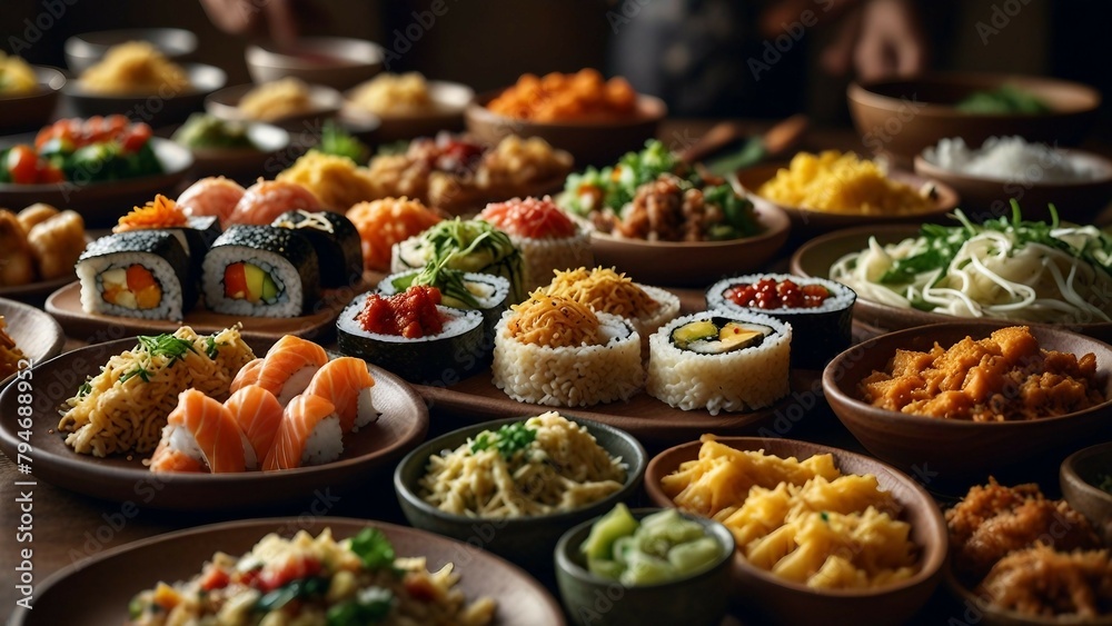 a table full of different types of sushi